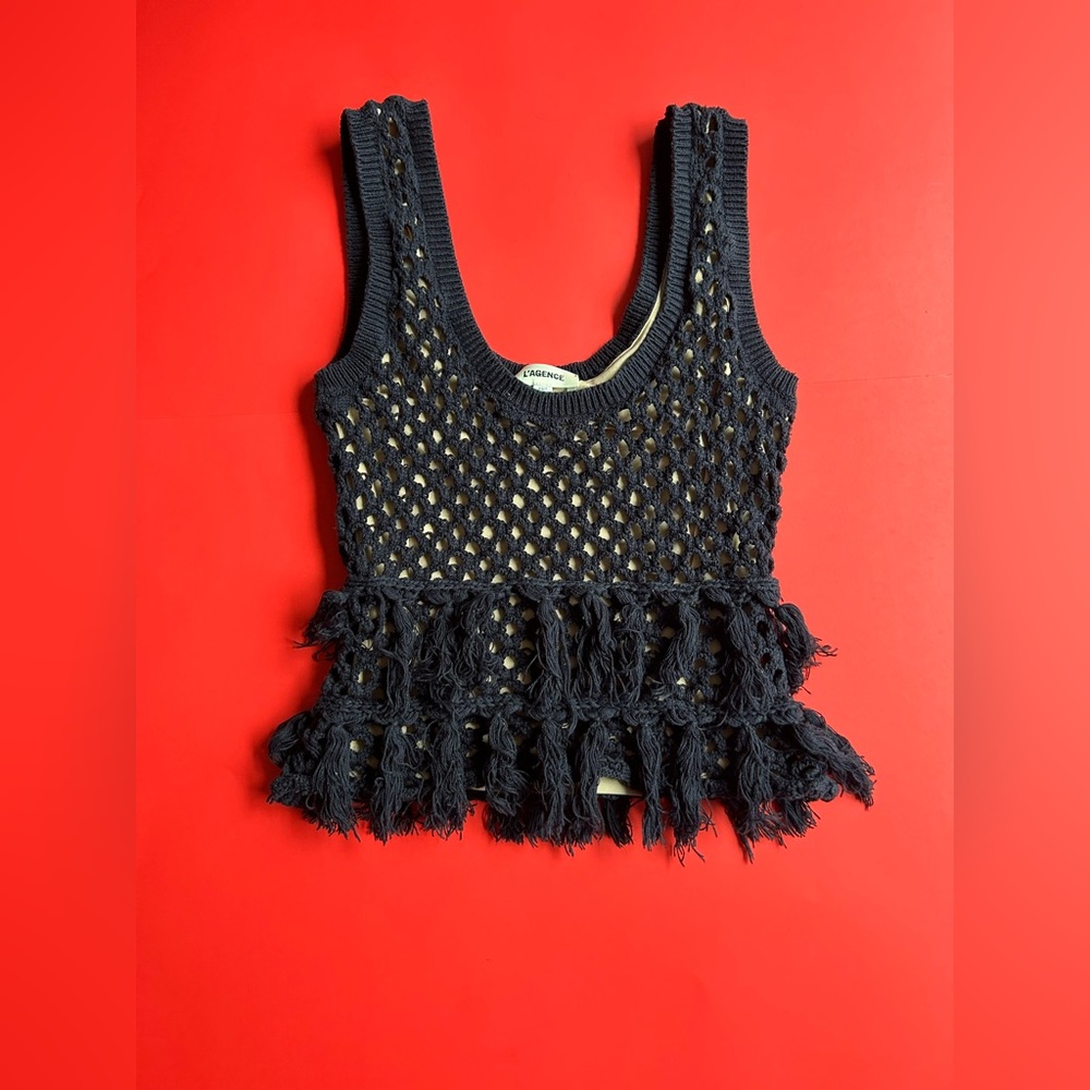 L’agence Silk Cotton Blend Bohemian Crochet Tassel Cropped Sleeveless Blouse